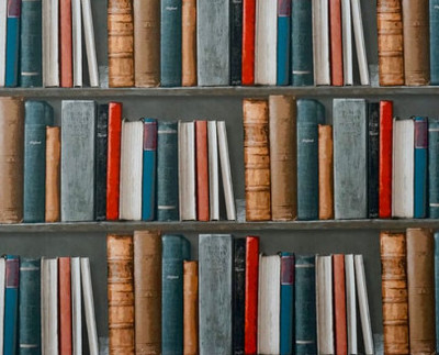 Shelves filled with books of different colours including red, black, blue and tan.