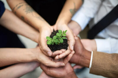 A small plant sprouting from a pile of dirt held by many groups of hands, all clasping around one another.
